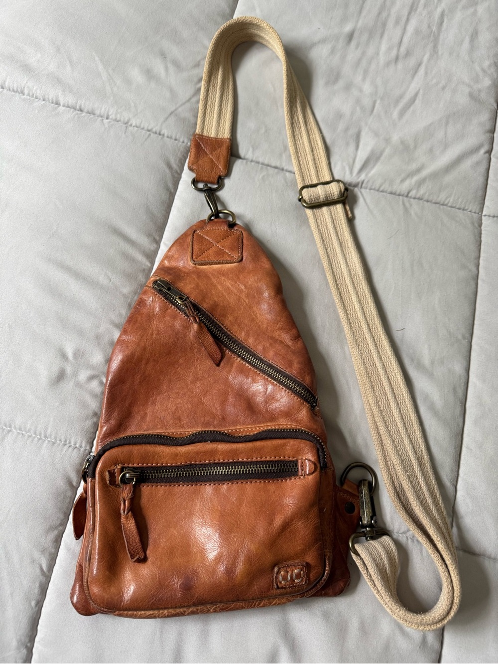 Bed Stu Cognac Leather Crossbody Sling with Cream Strap